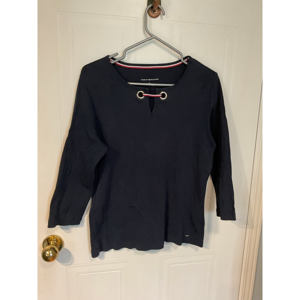 Tommy Hilfiger Knit Top Womens L Navy Blue Excellent Grommet Keyhole 3/4 Sleeve